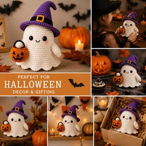 May include: A white crocheted ghost figurine wearing a purple witch hat with a black band and yellow buckle. The ghost has black eyes, a small smile, pink cheeks, and holds a small orange crocheted pumpkin bucket with a black handle.
