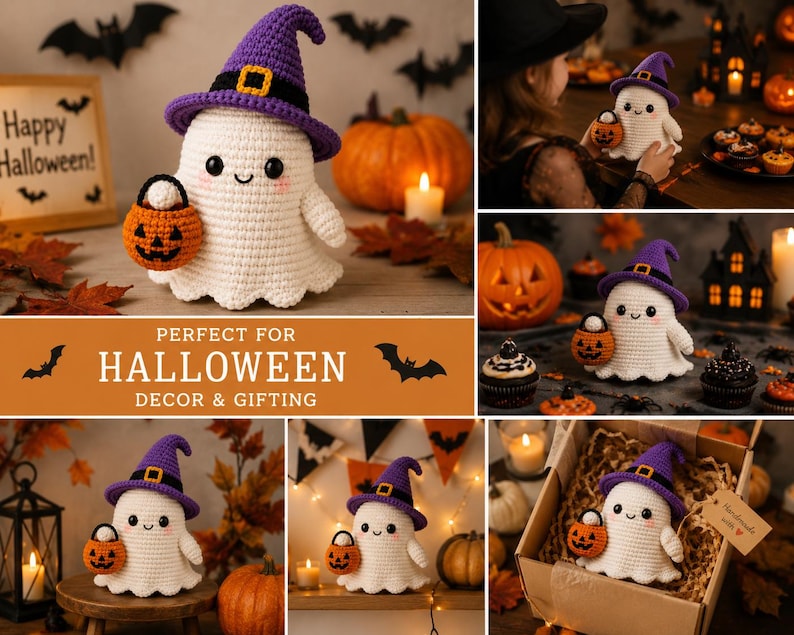 May include: A white crocheted ghost figurine wearing a purple witch hat with a black band and yellow buckle. The ghost has black eyes, a small smile, pink cheeks, and holds a small orange crocheted pumpkin bucket with a black handle.