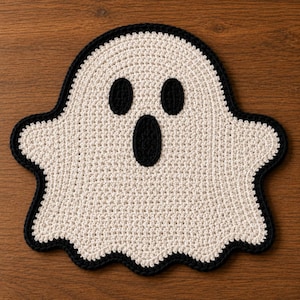 Op de afbeelding: Een gehaakte mat of wandhanger in de vorm van een spook, bestaande uit een gebroken wit lichaam met een dikke zwarte rand. Het spook heeft twee ovale zwarte ogen en een grotere ovale zwarte mond, gemaakt met zichtbare haaksteken.