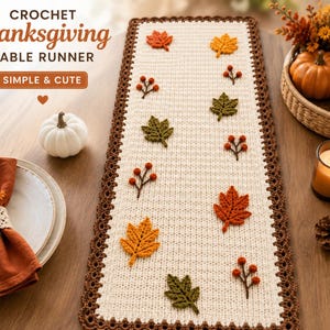 Mönster för virkad bordslöpare för Thanksgiving, bordsdekoration med höstlöv, virkad mittdekoration för hösten, digital PDF-nedladdning
