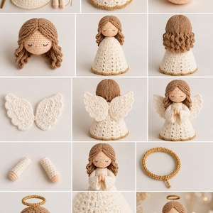 May include: A crochet angel doll kit featuring a peach-coloured head, brown yarn hair, a cream-coloured dress with gold trim, white wings, and a gold halo. The set includes individual components like arms, wings, and a halo, alongside the assembled doll.