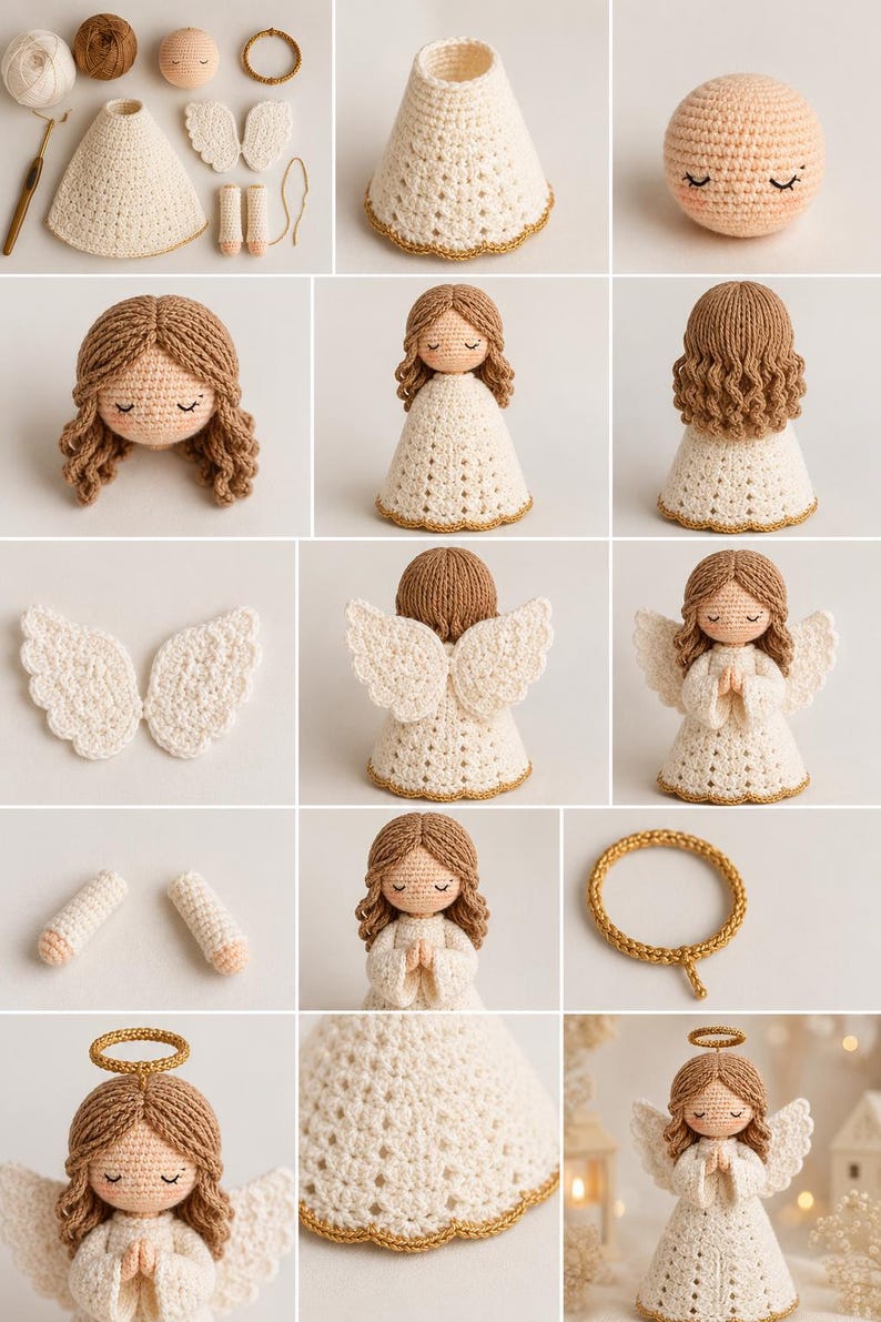 May include: A crochet angel doll kit featuring a peach-coloured head, brown yarn hair, a cream-coloured dress with gold trim, white wings, and a gold halo. The set includes individual components like arms, wings, and a halo, alongside the assembled doll.