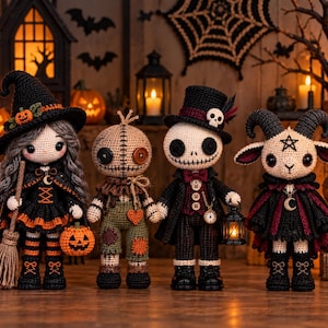 May include: Four handmade crochet dolls featuring Halloween themes. The first is a witch with a broom and pumpkin, the second a burlap-style doll with button eyes, the third a skeleton in a top hat with a lantern, and the fourth a horned goat creature.