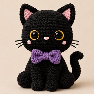 Puede incluir: Un peluche de gato tejido a ganchillo en color negro con grandes ojos brillantes amarillos y negros, una pequeña nariz rosa, interior de las orejas rosa y mejillas rosadas. El gato lleva una pajarita morada texturizada y una cola curva.