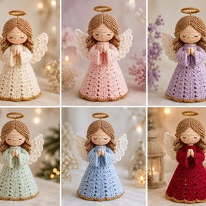 May include: A collection of six crocheted angel figurines, each featuring brown yarn hair, a gold-coloured halo, white wings, and a dress in a different solid colour: cream, light pink, lavender, mint green, light blue, and deep red.