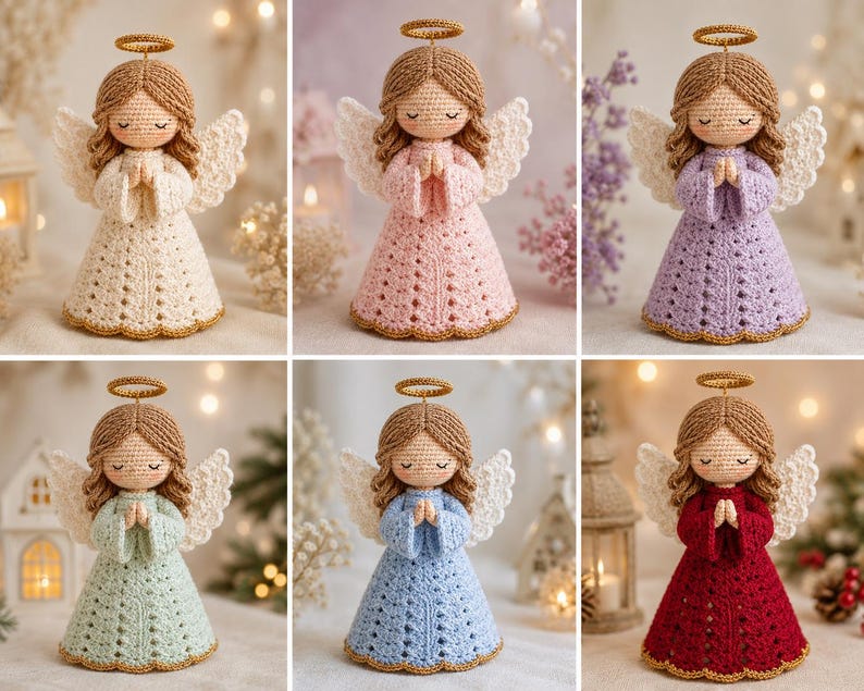 May include: A collection of six crocheted angel figurines, each featuring brown yarn hair, a gold-coloured halo, white wings, and a dress in a different solid colour: cream, light pink, lavender, mint green, light blue, and deep red.