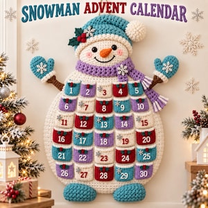 May include: A crocheted snowman advent calendar with a blue hat, purple scarf, and blue mittens. The snowman features thirty small pockets, each labeled with a number from 1 to 30, decorated with red and green holly accents and white snowflakes.