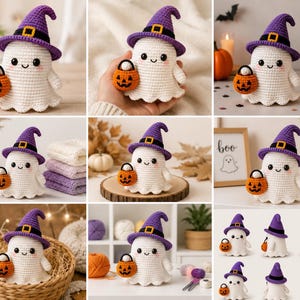 May include: A white crocheted ghost figurine wearing a purple witch hat with a black band and yellow buckle. The ghost has black eyes, a small smile, pink cheeks, and holds a small orange crocheted pumpkin bucket in one hand.