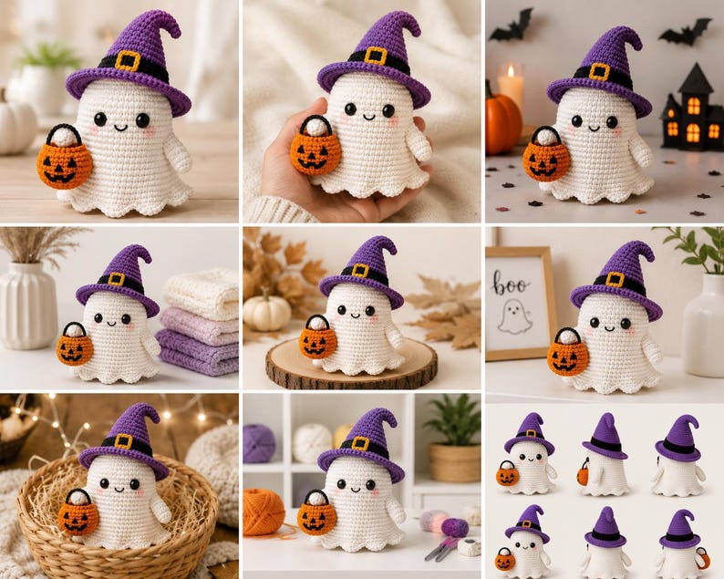 May include: A white crocheted ghost figurine wearing a purple witch hat with a black band and yellow buckle. The ghost has black eyes, a small smile, pink cheeks, and holds a small orange crocheted pumpkin bucket in one hand.