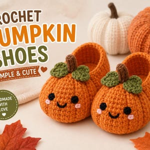 May include: A pair of orange crochet baby shoes shaped like pumpkins with green leaves, brown stems, and embroidered smiling faces with pink cheeks. The text CROCHET PUMPKIN SHOES SIMPLE & CUTE and HANDMADE WITH LOVE is visible in the image.