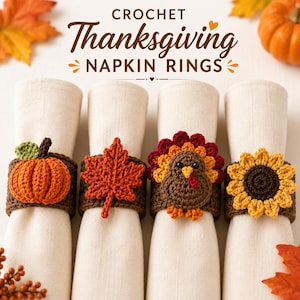 May include: Four brown crochet napkin rings featuring autumn-themed motifs: an orange pumpkin with a green leaf, a red maple leaf, a brown turkey with a colorful tail, and a yellow sunflower. The text CROCHET Thanksgiving NAPKIN RINGS is visible.