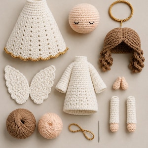 May include: A crochet kit for an angel doll featuring a peach-coloured head, brown hair, white dress, white skirt with gold trim, white wings, arms, legs, a gold halo, two balls of yarn in brown and peach, a gold cord, and a single metal sewing needle.