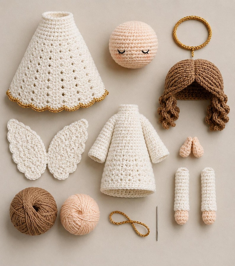 May include: A crochet kit for an angel doll featuring a peach-coloured head, brown hair, white dress, white skirt with gold trim, white wings, arms, legs, a gold halo, two balls of yarn in brown and peach, a gold cord, and a single metal sewing needle.