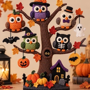 May include: A crocheted Halloween display featuring a brown tree with five owls in various colours, including purple, orange, green, black, and cream. The tree is decorated with hanging crochet pumpkins, a ghost, a bat, and autumn leaves.