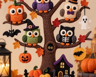May include: A crocheted Halloween display featuring a brown tree with five owls in various colors, including purple, orange, green, black, and cream. The tree is decorated with hanging crochet pumpkins, a ghost, a bat, and autumn leaves.