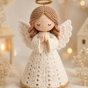 May include: A crocheted angel figurine with light brown yarn hair, a gold halo, and white wings. The angel wears a long, textured white dress with a scalloped hem trimmed in gold thread. The hands are clasped together in a prayer position.