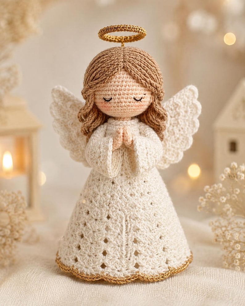 May include: A crocheted angel figurine with light brown yarn hair, a gold halo, and white wings. The angel wears a long, textured white dress with a scalloped hem trimmed in gold thread. The hands are clasped together in a prayer position.