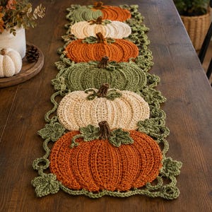 May include: A crochet table runner featuring a repeating pattern of pumpkins in shades of orange, cream, and olive green. The design includes interconnected crocheted leaves and vines, with each pumpkin topped by a small brown stem.