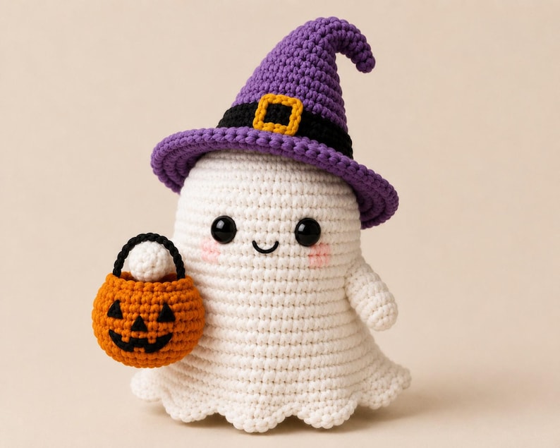 May include: A white crocheted ghost figurine wearing a purple witch hat with a black band and yellow buckle. The ghost has black bead eyes, a small stitched smile, and pink cheeks. It holds a small orange crocheted pumpkin bucket with a black handle.