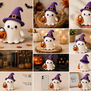 May include: A white crocheted ghost figurine wearing a purple witch hat with a black band and yellow buckle. The ghost has black eyes, a small smile, and pink cheeks, and is holding a small orange crocheted pumpkin bucket with a black handle.