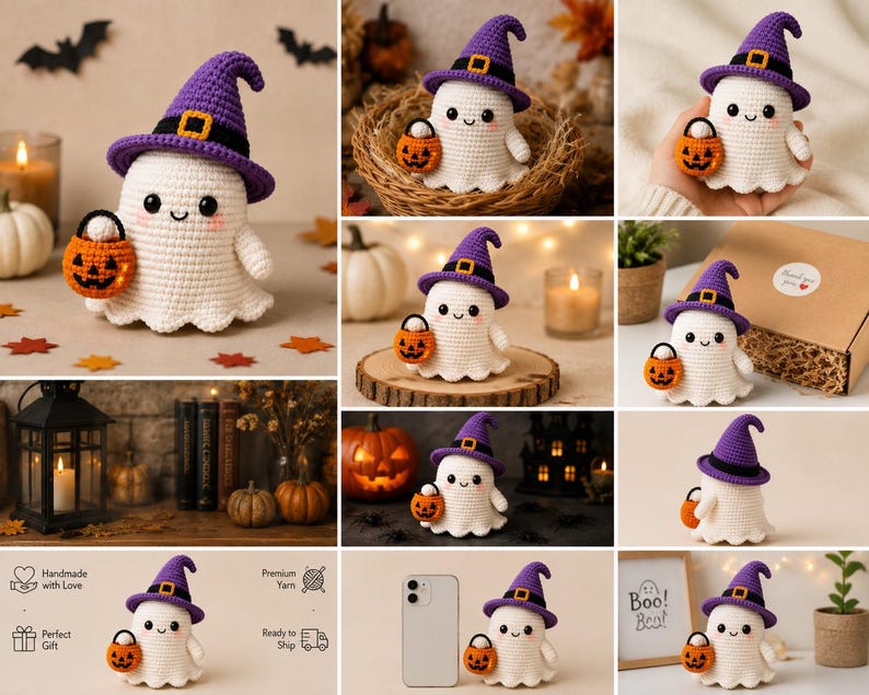 May include: A white crocheted ghost figurine wearing a purple witch hat with a black band and yellow buckle. The ghost has black eyes, a small smile, and pink cheeks, and is holding a small orange crocheted pumpkin bucket with a black handle.