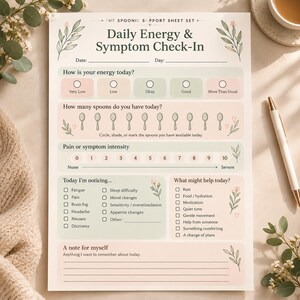 Pode incluir: Uma folha de papel intitulada The Spoonie Support Sheet Set Daily Energy & Symptom Check-In. Inclui seções para níveis de energia, um rastreador de colheres, uma escala de dor de 0 a 10, listas de sintomas e uma seção de notas.
