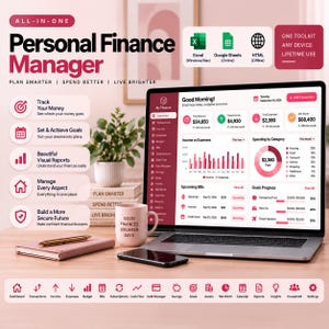 Puede incluir: Un panel digital de gestión de finanzas personales en la pantalla de una computadora portátil, con gráficos, ingresos, gastos y seguimiento de objetivos. La interfaz incluye texto como 'Good Morning!' y 'Personal Finance Manager' junto a iconos de Excel, Google Sheets y HTML.