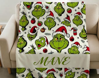 Grinch Blanket Soft Throw Custom Name, Fun Christmas Family Gift