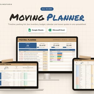Puede incluir: Una hoja de cálculo digital de planificador de mudanzas mostrada en un monitor, portátil y tableta. La interfaz incluye cronograma, lista de empaque, inventario, presupuesto y calendario. Texto incluye Moving Planner, Google Sheets y Microsoft Excel.