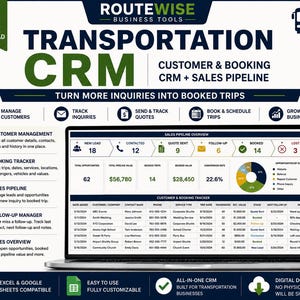 May include: A digital transportation CRM dashboard displayed on a laptop screen, featuring a sales pipeline overview, customer booking tracker, and performance metrics. The interface includes sections for managing customers, tracking inquiries, and scheduling trips.