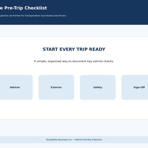 Puede incluir: Un documento digital titulado Vehicle Pre-Trip Checklist con el encabezado Start Every Trip Ready. Presenta cuatro secciones rectangulares de color azul claro etiquetadas como Vehicle, Exterior, Safety y Sign-Off, con RouteWise Business Co. al pie.