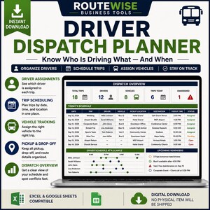 Puede incluir: Una plantilla digital de planificador de despacho de conductores para Excel y Google Sheets, mostrada en una pantalla de portátil. La interfaz incluye una vista general de despacho, programación de viajes y seguimiento de vehículos.