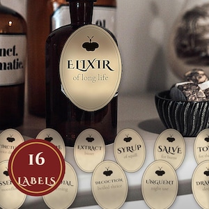 May include: A collection of sixteen oval-shaped apothecary labels with a cream background and black text, featuring a small butterfly icon at the top. The labels include text such as Elixir of long life, Extract, Syrup, Salve, and Decoction.