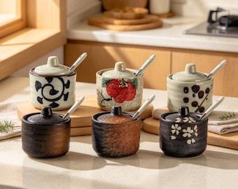 May include: Six ceramic condiment jars with matching lids and small spoons. The top row features a blue swirl pattern, a red floral design, and brown dots. The bottom row includes a solid black, a textured brown, and a black floral jar.