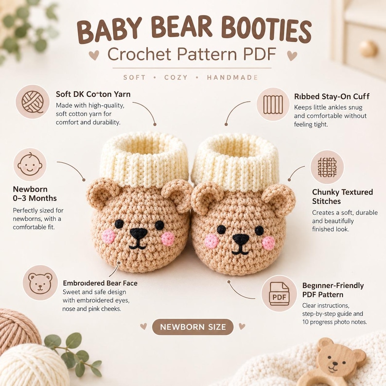 Crochet Bear Booties Pattern PDF, Newborn Baby Shoes, Teddy Face, Photo ...