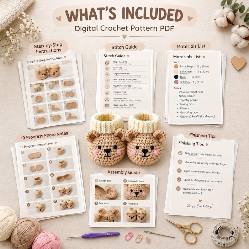 Crochet Bear Booties Pattern PDF, Newborn Baby Shoes, Teddy Face, Photo ...