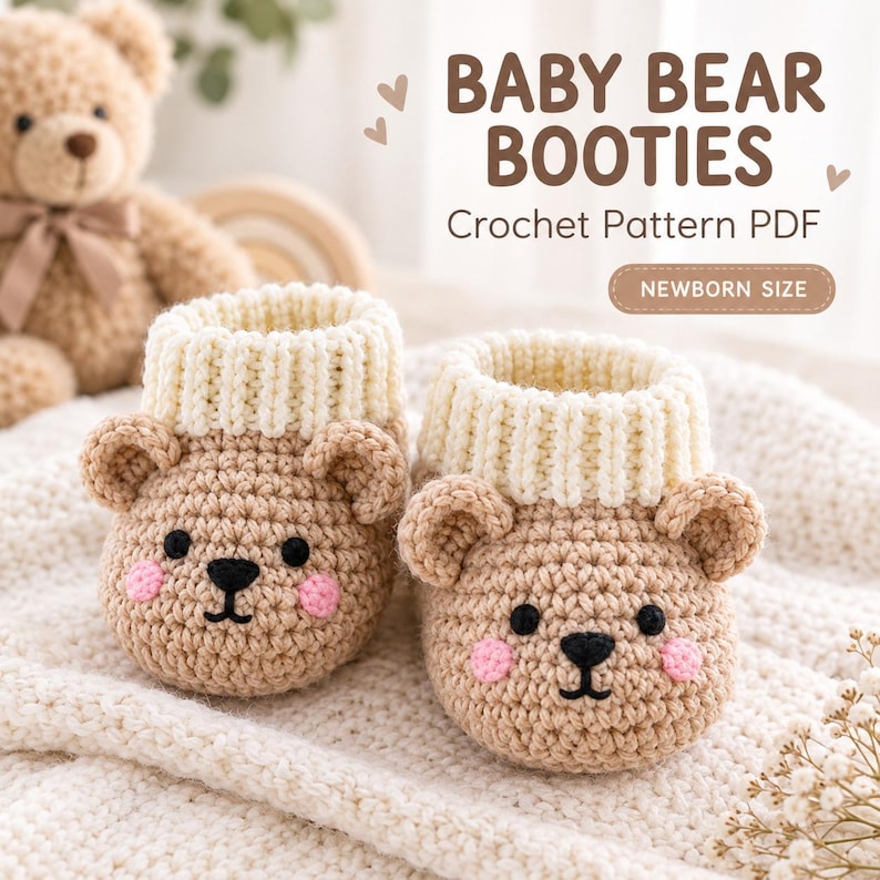 Crochet Bear Booties Pattern PDF, Newborn Baby Shoes, Teddy Face, Photo ...