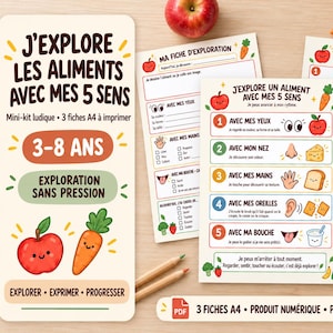 Peut inclure: Un ensemble de trois fiches d'activités A4 imprimables intitulées J'EXPLORE LES ALIMENTS AVEC MES 5 SENS, avec des illustrations colorées d'une pomme et d'une carotte, des listes numérotées pour l'exploration sensorielle et des cases à cocher.