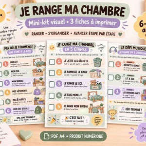 Puede incluir: Un conjunto de tres listas de verificación visuales A4 imprimibles tituladas JE RANGE MA CHAMBRE, diseñadas para niños de 6 a 11 años. Las hojas presentan ilustraciones coloridas, pasos numerados y casillas de verificación para organizar tareas de limpieza.