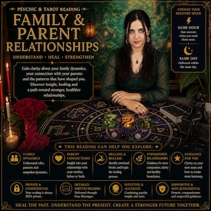May include: A psychic and tarot reading service advertisement featuring text about family and parent relationships, delivery speeds, and reading benefits. The layout includes a dark background with gold lettering, a central figure, and tarot cards.