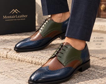 Chaussures Oxford Brogue en cuir faites main, bleu marine, marron et vert, chaussures habillées pour hommes, chaussures de cérémonie