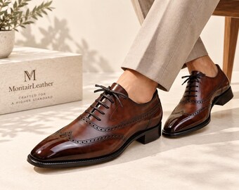 Chaussures Oxford à bout golf en cuir faites main, marron, pour homme.