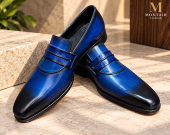 Handcrafted Blue Leather Penny Loafers for Men, Two-Tone Patina Slip-On Dress Shoes