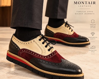 Handgemaakte veelkleurige brogue oxford schoenen, bordeauxrood, zwart en crèmekleurige herenschoenen, formele schoenen