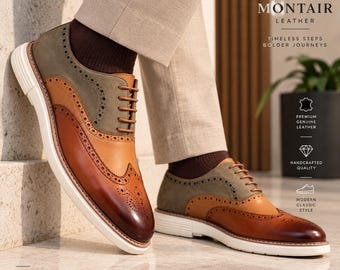 Zapatos Oxford Brogue marrones y grises hechos a mano, zapatos de vestir con puntera de ala para hombre, calzado informal formal.