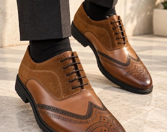 Handmade Brown Leather Brogue Shoes, Men's Wingtip Dress Shoes, Formal Footwear