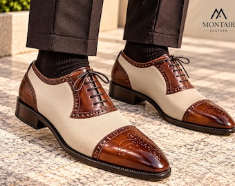 Brown Cream Wingtip Oxfords, Men's Two Tone Brogue Leather Lace Up Dress Shoes