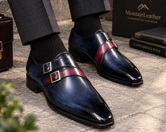 Handmade Leather Double Monk Shoes, Navy Burgundy Men's Dress Shoes, Formal Footwear