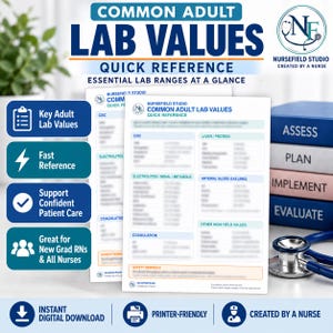 May include: A white reference card titled Common Adult Lab Values Quick Reference with sections for CBC, electrolytes, renal, metabolic, and coagulation data. The card features blue text and headers, with a stethoscope and stacked books nearby.