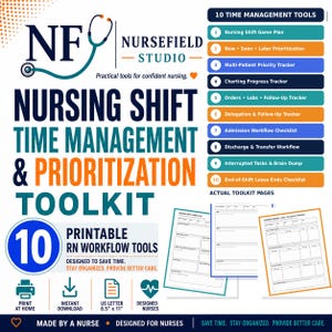 May include: A nursing shift time management and prioritization toolkit featuring 10 printable workflow tools. The document includes a list of tools like a nursing shift game plan, patient priority tracker, and checklists, with US letter 8.5" x 11" size.